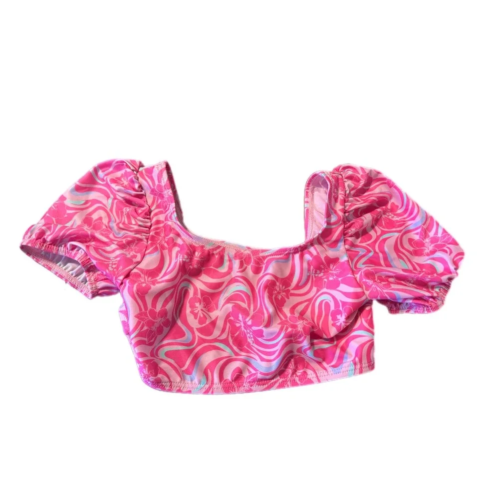 Wonder Nation Bikini Top Kids Size M 7-8 Pink Floral Puff‎ Sleeve Excellent